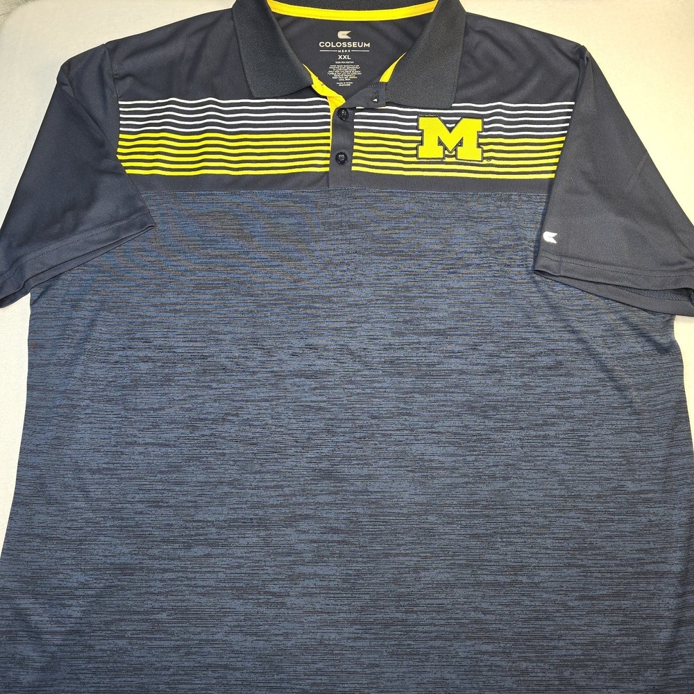 Colosseum‎ Michigan Wolverines Polo Shirt Men XXL Navy Blue Striped NCAA Golf - Picture 2 of 7
